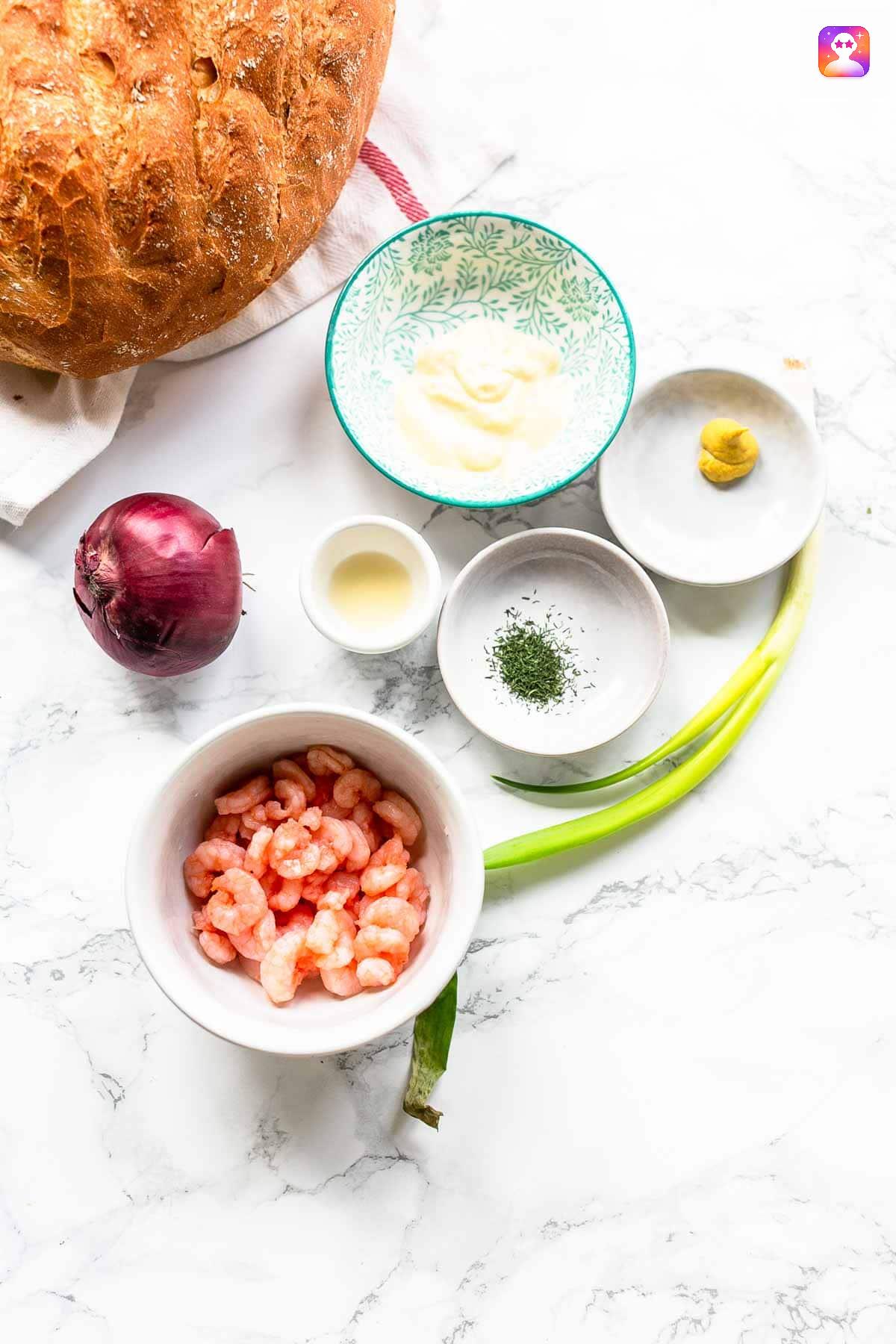 Shrimp salad ingredients ready to mix.